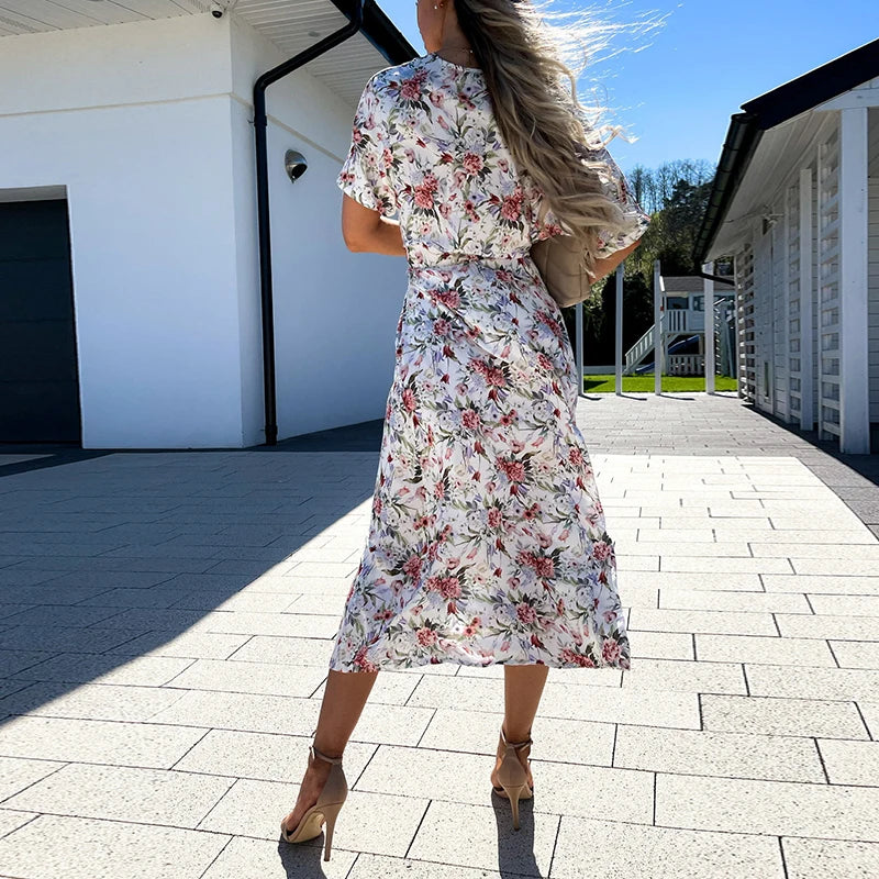 vmtvr New Spring Floral Print Boho Long Dress Women Elegant Wrap V-neck Belted A-Line Party Dress Summer Short Sleeve Loose Maxi Dress