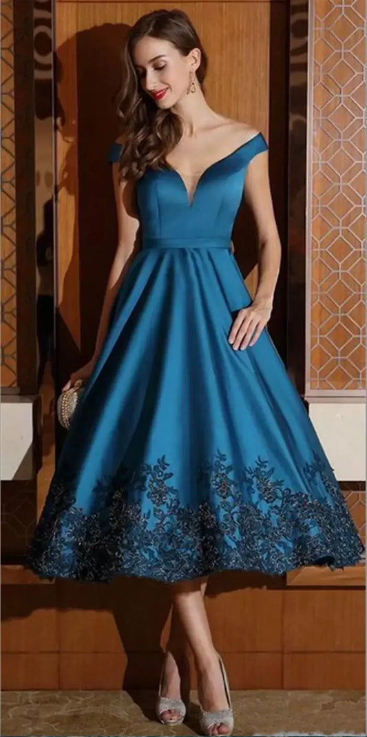 vmtvr  -  Elegant A-line length bridal dress Mother Tea Formal Party Fashion V-neck off-the-shoulder party evening dress with applique