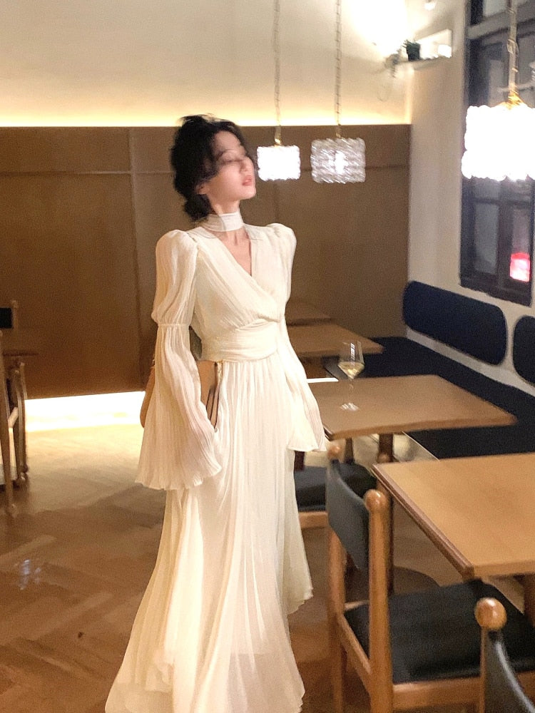 vmtvr - Fairy Pure Color Midi Dress Woman French Elegant Evening Party Dress Long Sleeve 2023 Spring One Piece Dress Korea Fashion Chic