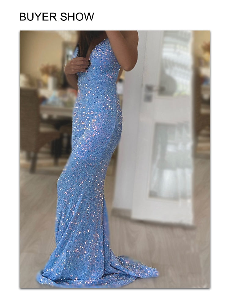 Sexy Blue Backless Slip Sequin Mermaid Wedding Gown V Neck Sleeveless Velvet Padded Stretch Prom Evening Long Dress Women