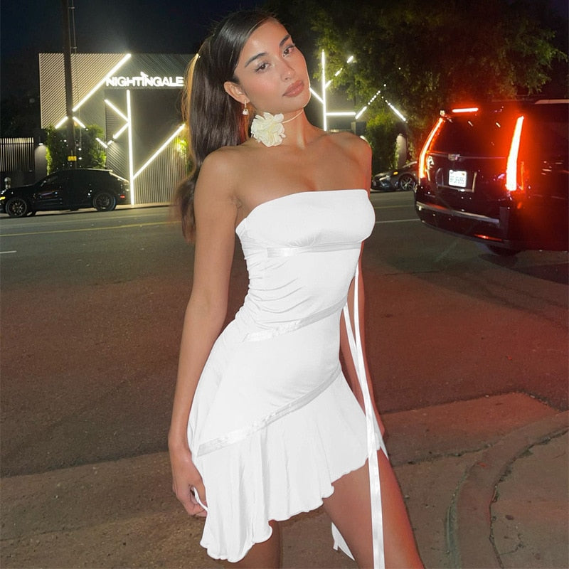 vmtvr Sexy Ruffles Mini Dress for Women Summer Elegant Off Shoulder Strapless Party Dresses 2023 Birthday Club Pink Dress Vestidos