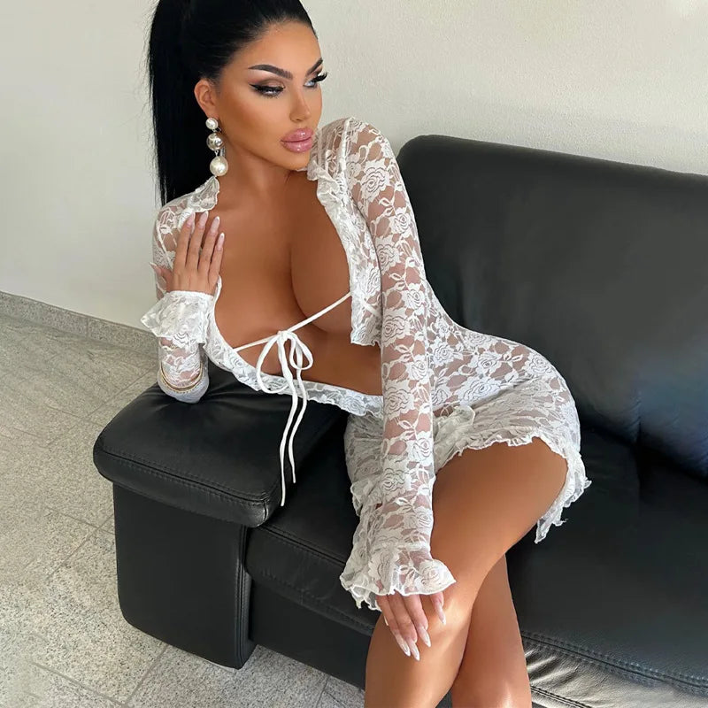 Fashion Lace Trim Sheer Tie Front Mini Dress Long Sleeve Fringe Outfits for Women Club Party Sexy Bodycon Dresses