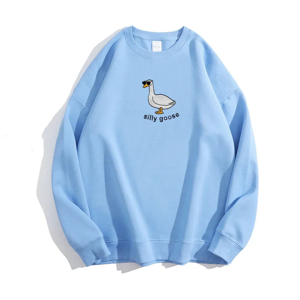 -Retro sports style outfit streetwear 90s fashion Silly Goose Cute Cartoon Embroidered Oversize Women Sweatshirts Long Sleeve Cotton Sky Blue Cute Pullover Cotton Vintage Jumpers