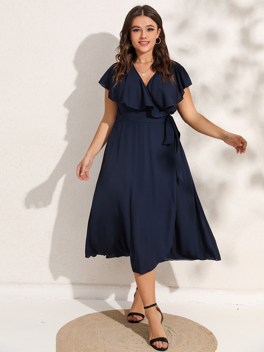 Party Dresses For Women 2023 Plus Size Summer Midi Dress V-Neck Solid Ruffle Sleeve Belted Wrap Dress