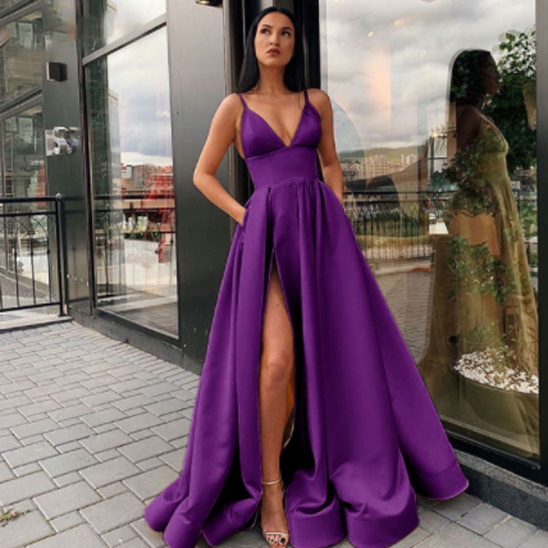 Sexy V- Neck Satin Prom Dresses Spaghetti Straps Side Slit Floor Length Evening Dress Party Dress Robe Soirée