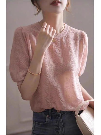 vmtvr European goods new hollow thin short-sleeved knitwear women's summer loose  temperament round neck half-sleeved T-shirt