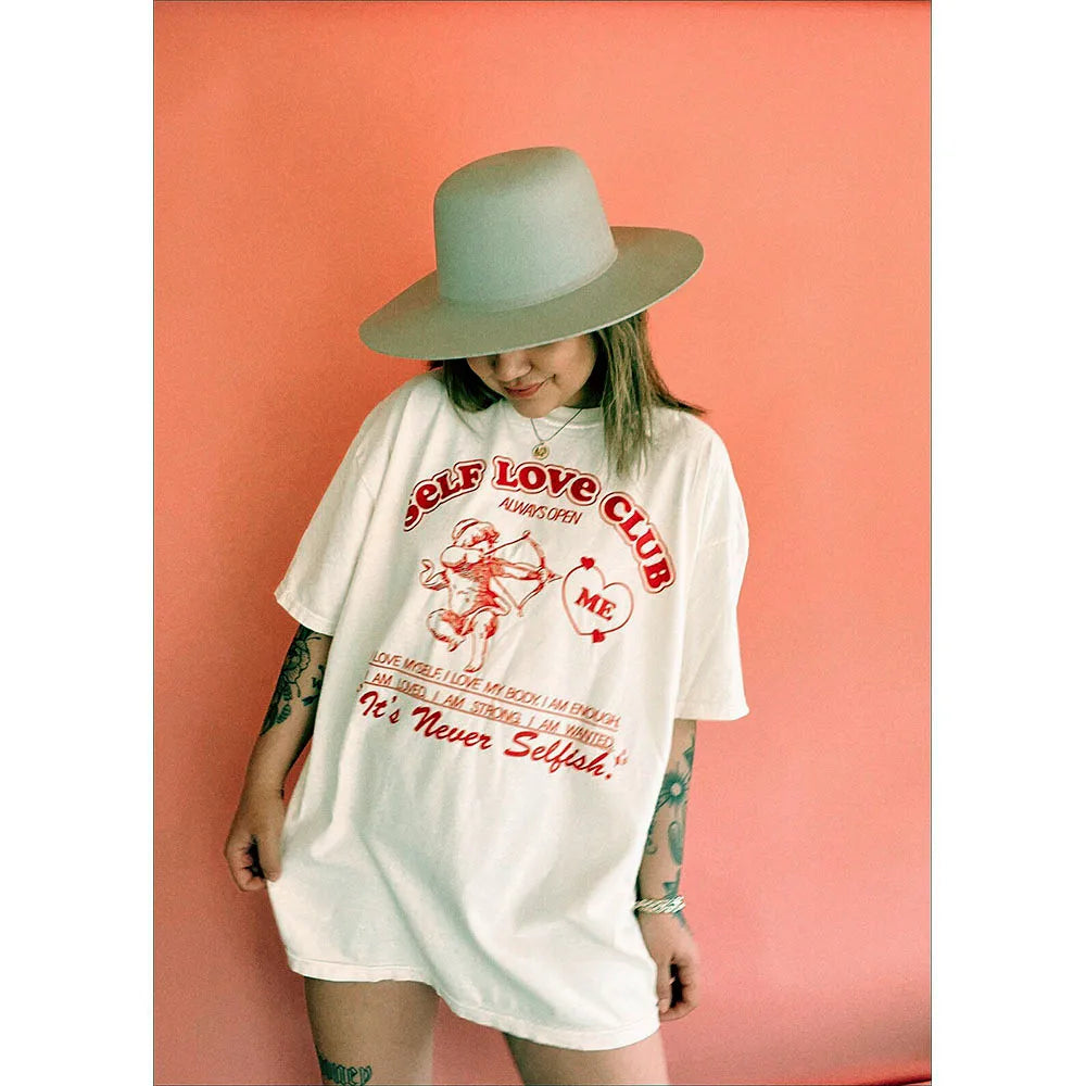 -Retro sports style outfit streetwear 90s fashion Self Love Club Women Oversized T Shirts Short Sleeve Crewneck Thick Cotton Angel Printing Tees Ins Street Fashion Cool Tops