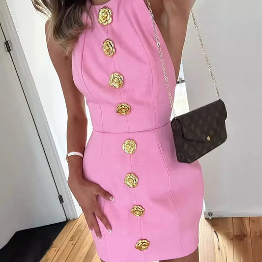 vmtvr  -  Pink Halter Mini Dress Women Sexy Backless Sleeveless Slim Short Dresses Summer Fashion Gold Rose Button Club Party Dress