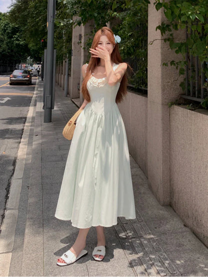 vmtvr French Vintage Backless Midi Dress Women Sweet Lace Bow Design Slim Strap Dress 2024 Summer Elegant Retro Evening Party Dress