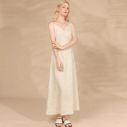 vmtvr 100% Linen Dresses Women Sexy V-Neck Side Slit Summer Elegant Party Solid Thin Dress Long Maxi Robe Women Clothing