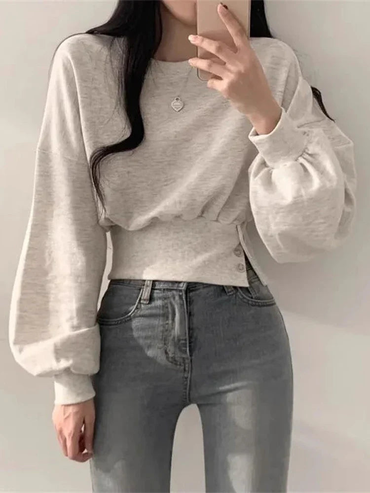 -Fall Outfits y2k Long Sleeve Top -Autumn Sweatshirt Women Harajuku Crop Long Sleeve Top Female Korean Chic Sporty Hoodies Ladies Vintage Casual Button Sweatshirts Streetwear