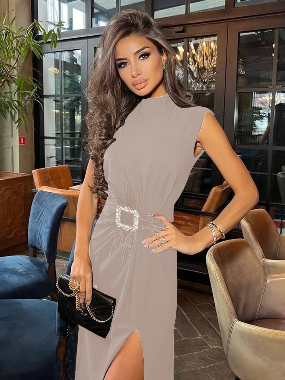 vmtvr - Fashion Black Feather Split Midi Dress 2023 New Summer Women's Sexy Sleeveless Belted Celebrity Club Party Dress Vestidos