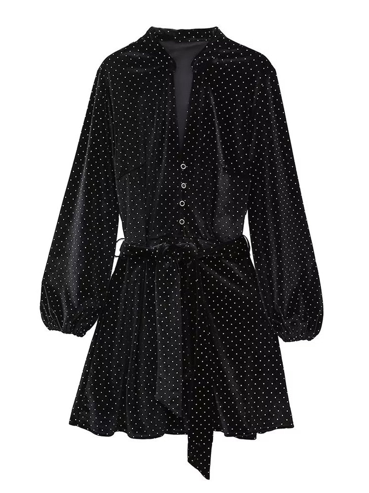 New Fashion Women Black Velvet Shirt Dress With Belt Long Sleeve Female Autumn Winter Mini Dress