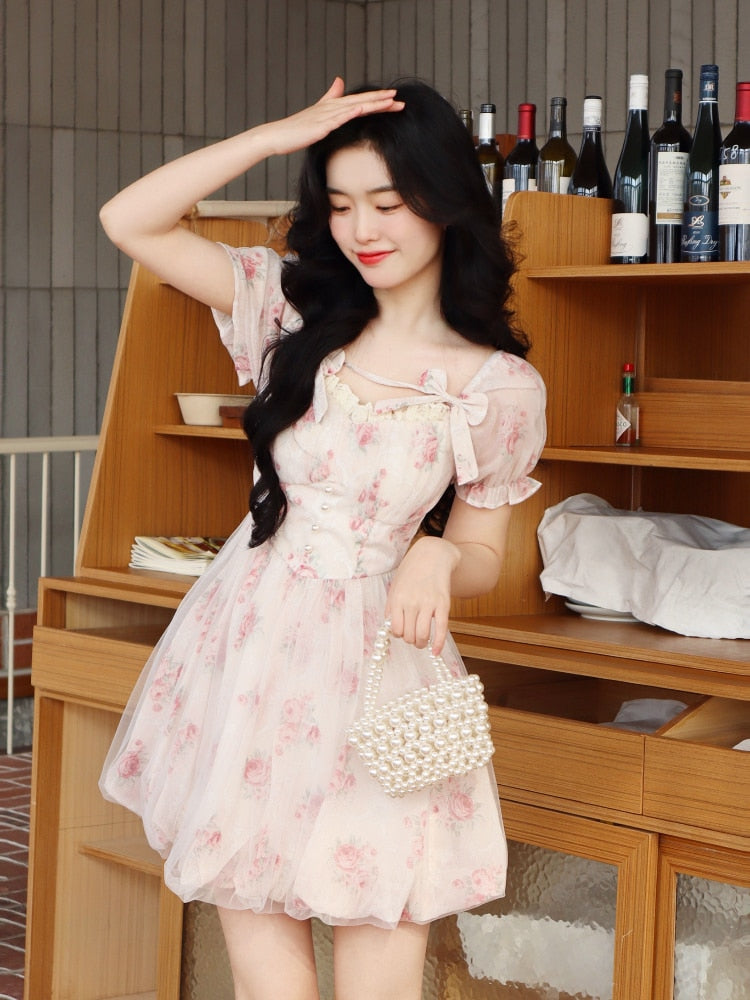 vmtvr - 2023 Summer One Piece Dress Korean Kawaii Lolita Dress Women Beach Style Elegant Y2k Mini Dress Party Puff Sleeve Fairy Chic