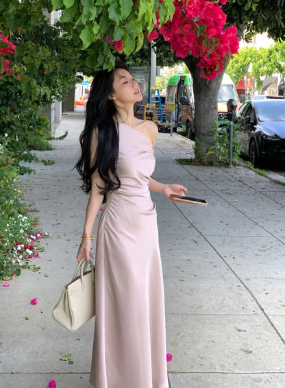 vmtvr  -  Elegant Evening Party Satin Long Dresses for Women Summer New Pink Birthday Robe Sexy Slash Sleeveless Slim Female Clothing