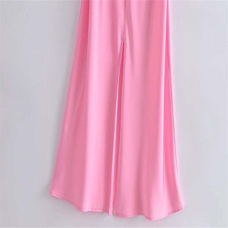 vmtvr -  New Women Hollow Design Silk Satin Texture Midi Suspender Dress Summer Sexy Revealing Back Slit Slim Pink Dress