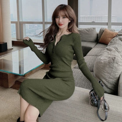 vmtvr - Black Sexy Female Knit Dress Winter Autumn Wrap Midi Green Bodycon 2023 Fashion Sweater Dresses Woman Vintage Korean Mini Short