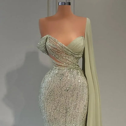 vmtvr  - Green Mermaid Luxury New Evening Dress Shawl Sleeve Formal Prom Dress Sweet and Elegant One Shoulder Party Dress