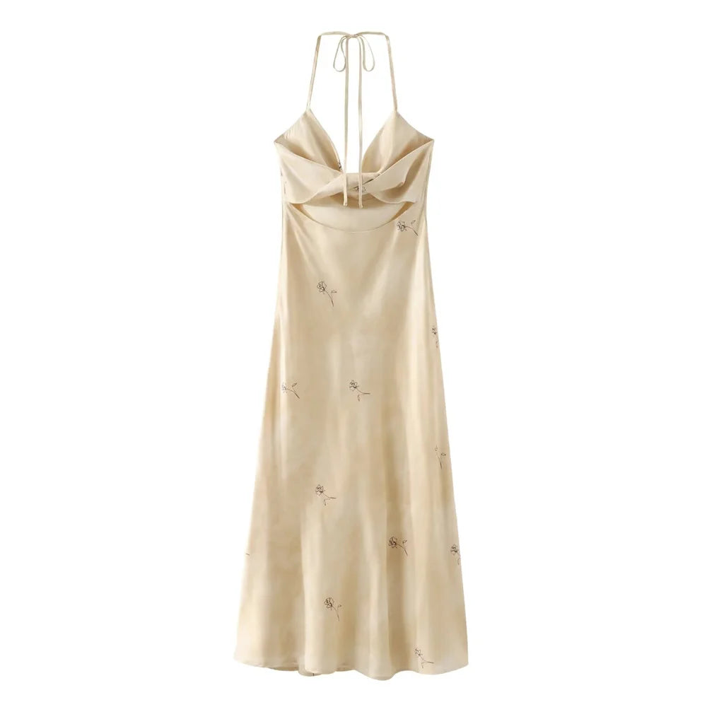 vmtvr 2024 Summer New Women's Fashion and Elegant Silk Texture Hanging Neck Print Sexy Off the Back Hanging Strap Dress