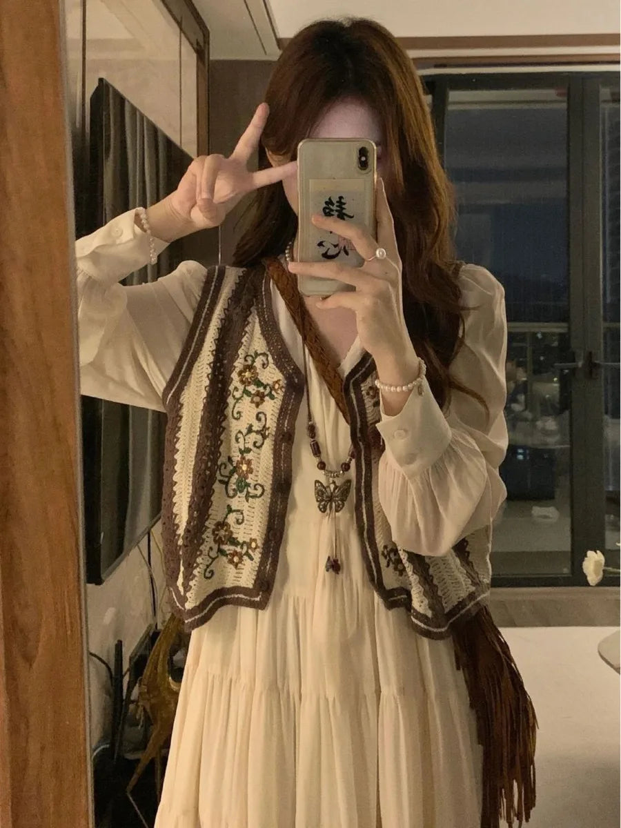 Bohemia Solid Long Sleeve Dress Embroidery Knitted Vest Women Spring Autumn Vintage Casual Simply 2PCS  Chic Long Dress Set