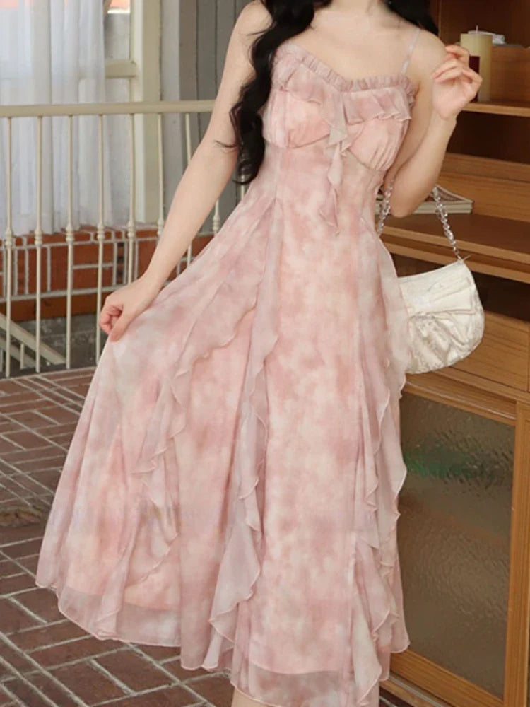 vmtvr Casual Fairy Floral Strap Dress Women Chiffon Elegant Evening Party Midi Dress Ruffle Sweet Korean Dress Women Sweet Summer