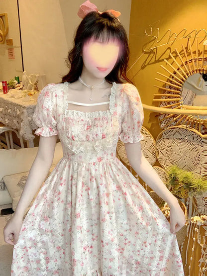 vmtvr Summer Floral Print Dress Women Lace Boho Kawaii Party Dress Female Casual Korean Fashion Holiday Lolita Elegant Midi Dress