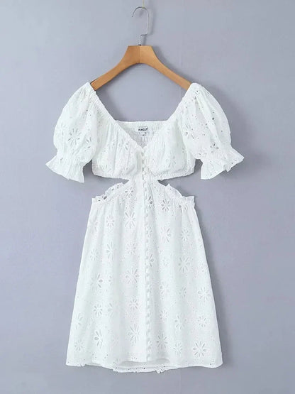 vmtvr  -  White Lace Cotton Dress V Neck Off Shoulder Sexy Beach Short Dress Summer Women Buttons Cut Out Mini Beach Sundress