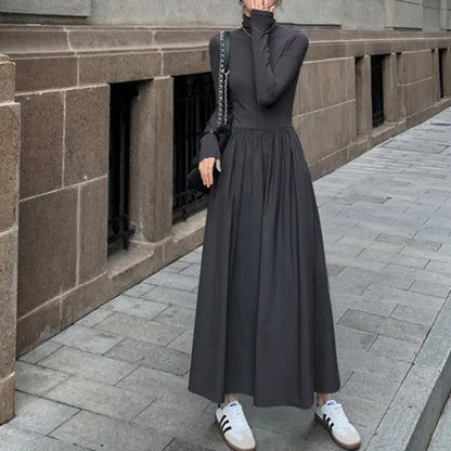 vmtvr  -  New Autumn French Midi Dresses Women Elegant Chic Turtleneck Fashion Casual A-Line Black Long Sleeve Cotton Female Clothing