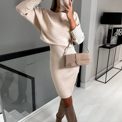 vmtvr Fall Winter Solid Rib Knitted Two-piece Women Set Dress New V-neck Slim Bodycon Dress With Top Pullover Long Sleeve Office Dress