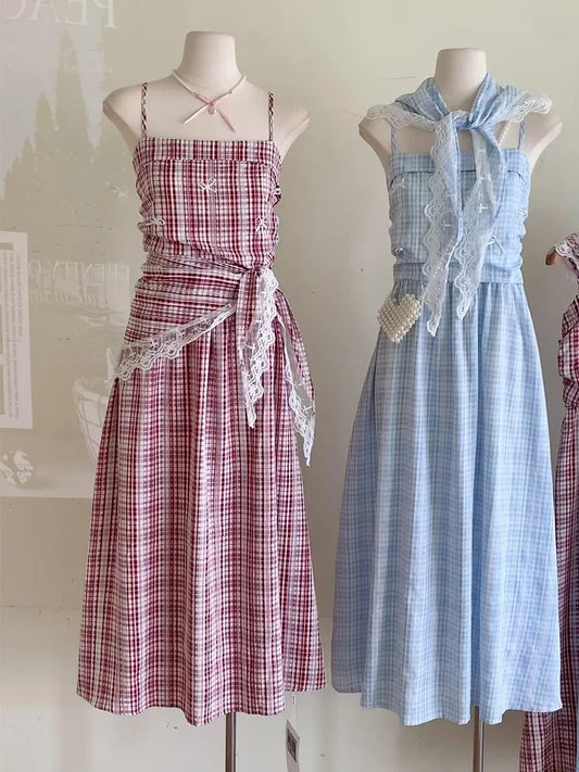 vmtvr  -  Summer French Vintage Mori Girl Long Plaid Dress Women Coquette 2000s Aesthetic Spaghetti Strap One-Piece Frocks Cottage Core