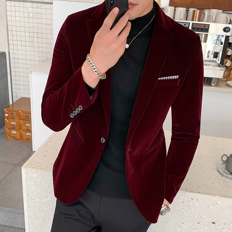 jiaabc Spring Velvet Blazer Men Fashion Casual Blazer Men Wedding Groom Singer Costume Slim Blazer Formal Brand Dress Homme 5XL-M