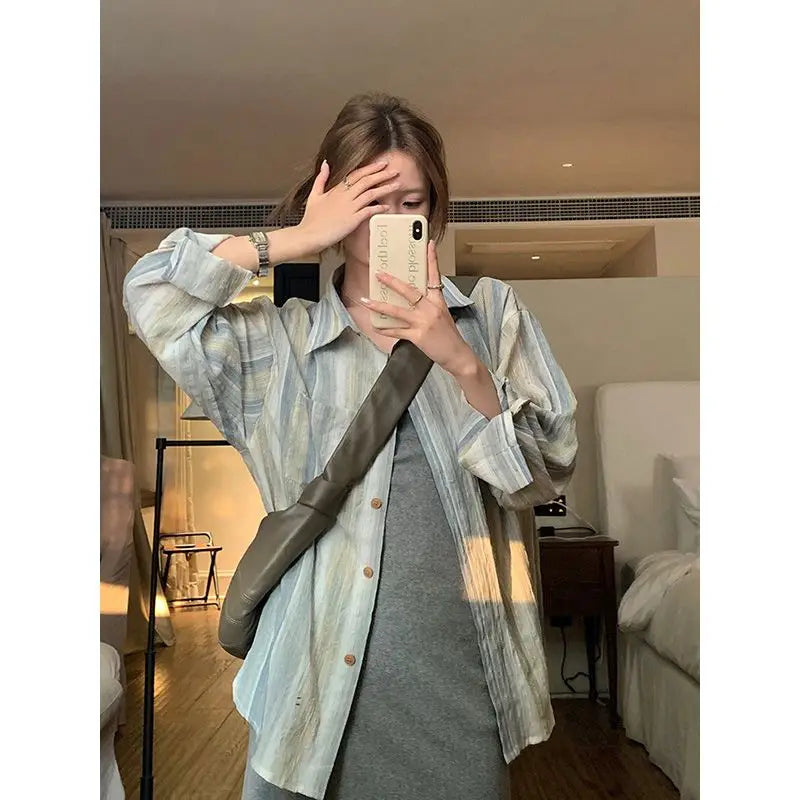 vmtvr Summer Striped Shirts Women Sun Protection Cardigan Top Vintage Ulzzang Chic Unisex Loose Fashion Streetwear Breathable Harajuku