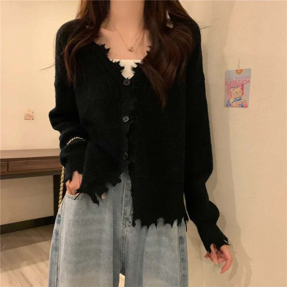 vmtvr French Style Sweater Cardigan Women Long Sleeve V-neck Frayed Sweaters Autumn Winter Cropped Kintted Cardigan Elegant Streetwear