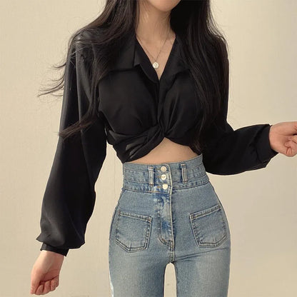 vmtvr Korean Clothing Fashion Women Short Navel Shirt Summer New Top Solid Sexy Bow Versatile Slim Female Chic Long Sleeve Blouse