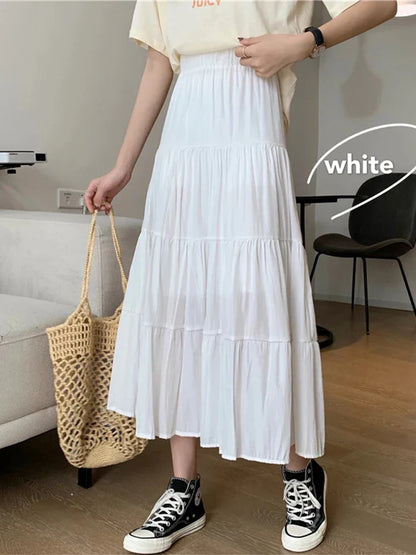 vmtvr Spring Summer Women Chiffon Skirts Vintage High Waist Elastic Patchwork White Black Chic Long Cake A-line Skirt for Student