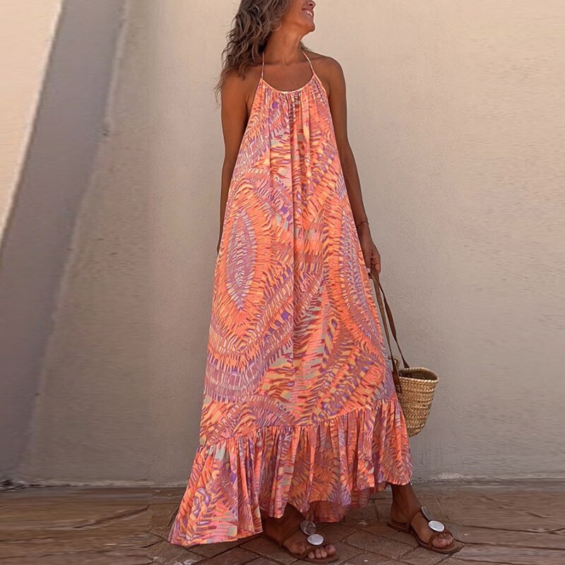 Vintage Casual Pattern Print Boho Long Dress Spring V Neck Tie-up Tassel Maxi Dress Women Big Backless Hollow Summer Beach Dress