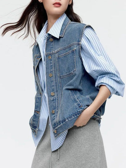 vmtvr Vintage Denim Vest Jacket Women Spring Summer Sleeveless Casual Top Blue Jean Waistcoat Coat Lady Oversize Pocket Outerwear