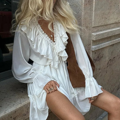 vmtvr  -  Fashion V-Neck Design Fluffy Dress Spring and Summer Women's Elastic Waistband Ruffled Edge Pleated Flared Sleeve Casual Dress