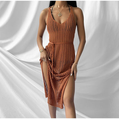 New Sexy Hollow Fishnet Mesh Maxi Knit Dress Women Party Club See Through Bodycon Long Dresses Summer Beach Holiday Outfits