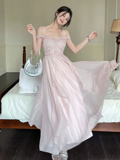 Summer Women Sweet Pink Fairy Chiffon Midi Dress Korean Elegant One-piece A-Line Vestidos Female Clothing Mujers