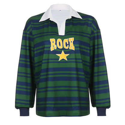 Harajuku Green Stripe Star Print Loose Women's Sweatshirt Preppy Autumn Pullover Tops Korean Clothes Sweat Shirts Y2K