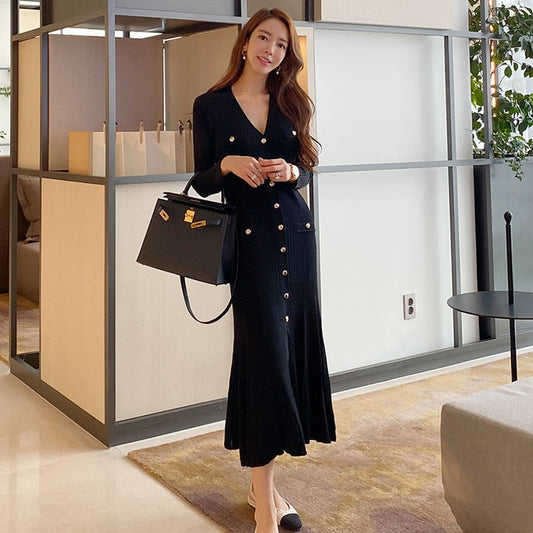 Vintage Korean Maxi Dresses for Women Party Long Sleeve V-neck Mermaid Dress Elegant Fashion Ladies Vestidos Femme Autumn