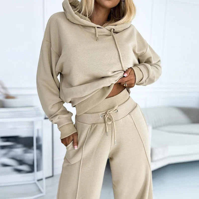 vmtvr Solid Casual Hooded Sweatshirt&Tie-up Waist Pants Sets Autumn Long Sleeve Sportwear Women Tracksuit Winter 2Pcs Hoodie Outfits