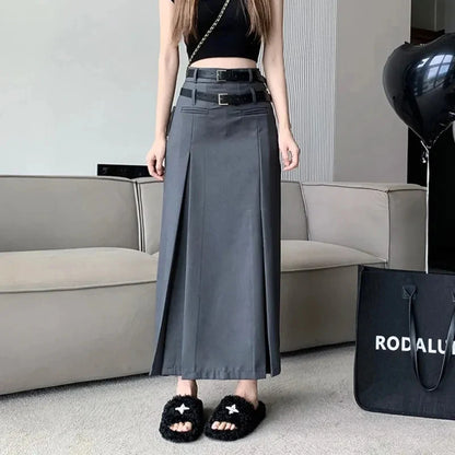 vmtvr Women Double Belt Suit Skirts Korean Fashion High Waist Midi Skirt Y2K Casual All Match Female Slim Fit Black Skirts Summer New