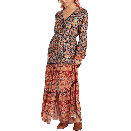 Women Cottagecore Dress Long Boho Floral Print Spliced Maxi Dresses Women Casual   Spring Summer Dress Long Sleeve vestidos