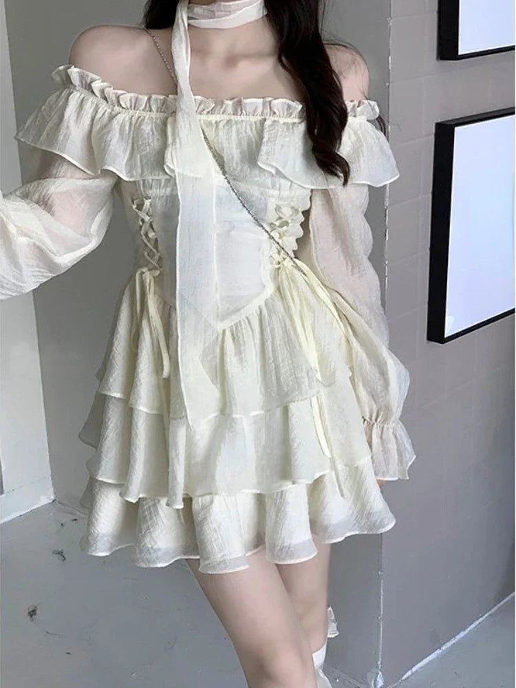 vmtvr Summer Elegant Ruffles Fairy Dress Women Casual Sweet Lolita Party Dress Long Sleeve One Piece Dress Korean Female Fashion