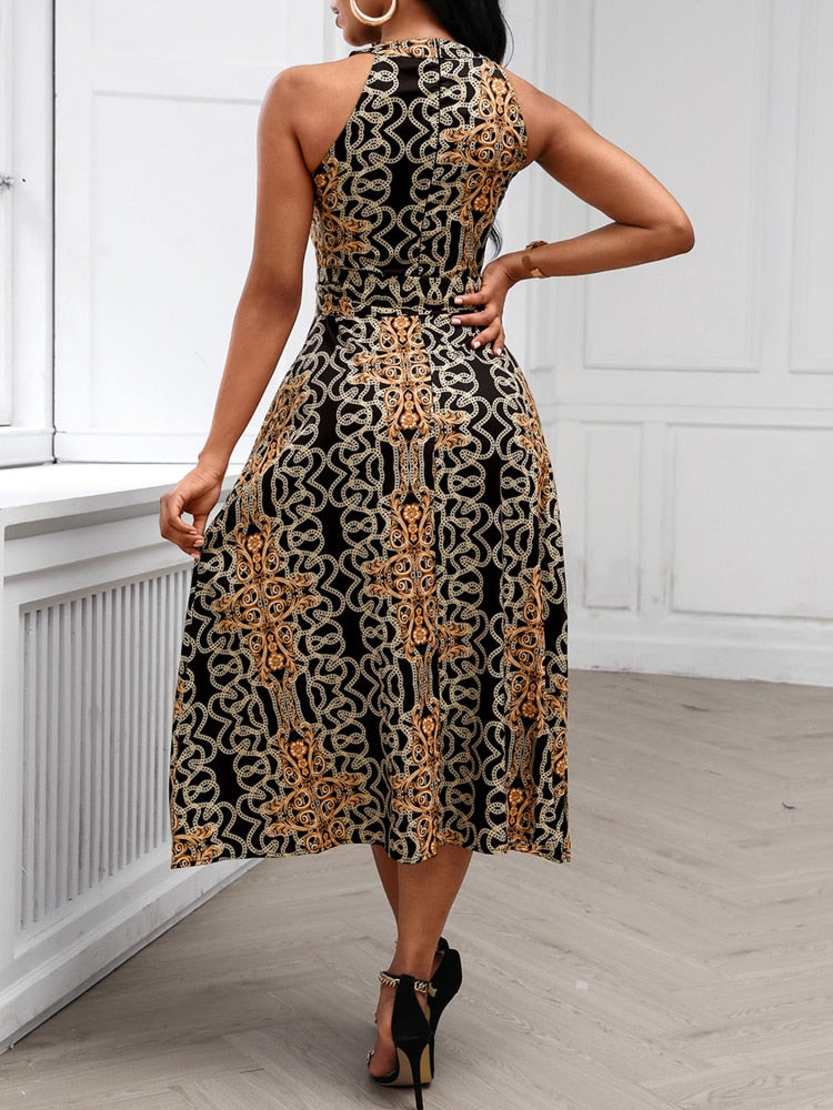 vmtvr Women Fashion Clubwear Elegant Sexy Dress Club  Sleeveless Baroque Print Sleeveless Midi Dress