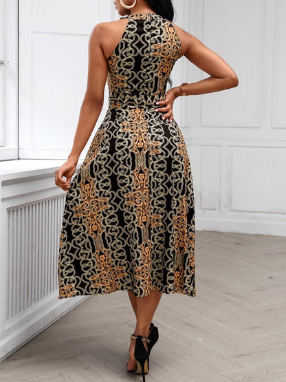 vmtvr Women Fashion Clubwear Elegant Sexy Dress Club  Sleeveless Baroque Print Sleeveless Midi Dress