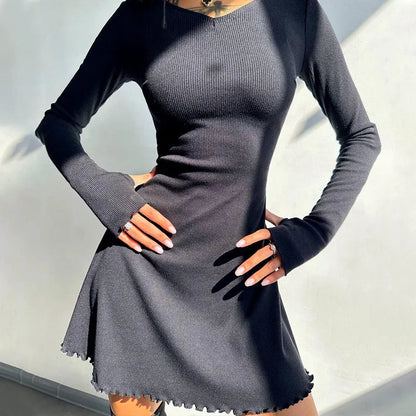 Solid Knitted Mini Dress for Women Elegant Outfits Fall Long Sleeve Bandage A-Line Vestido Plunge Dresses Clothes