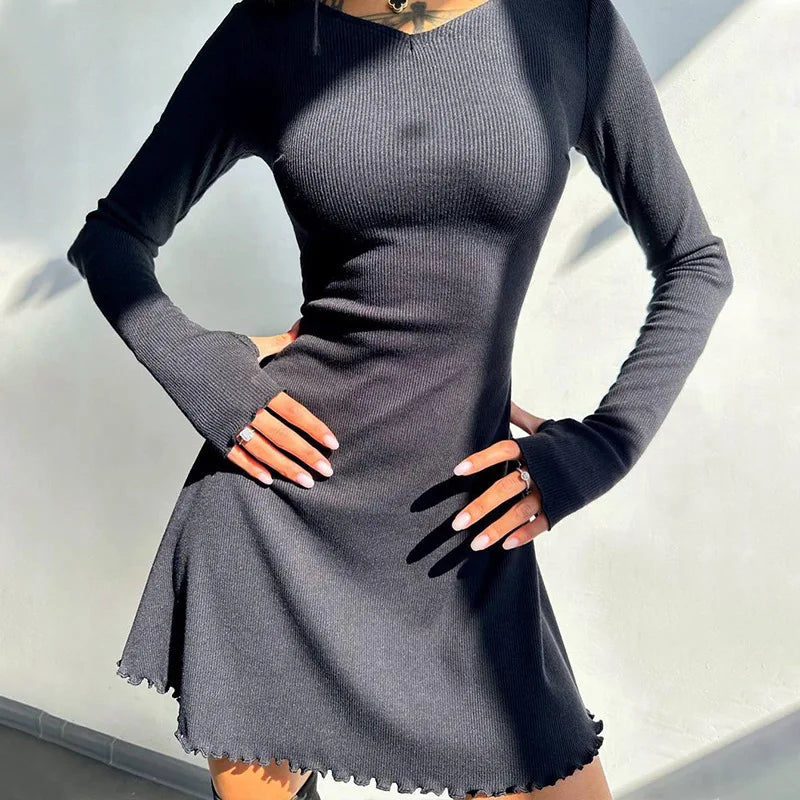 vmtvr Solid Knitted Mini Dress for Women Elegant Outfits Fall Long Sleeve Bandage A-Line Vestido Plunge Dresses Clothes